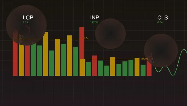 Grafico delle metriche Core Web Vitals con indicatori LCP, INP e CLS su sfondo scuro