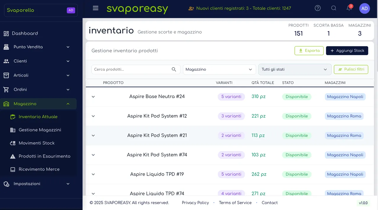 Inventario e Magazzino Svaporeasy